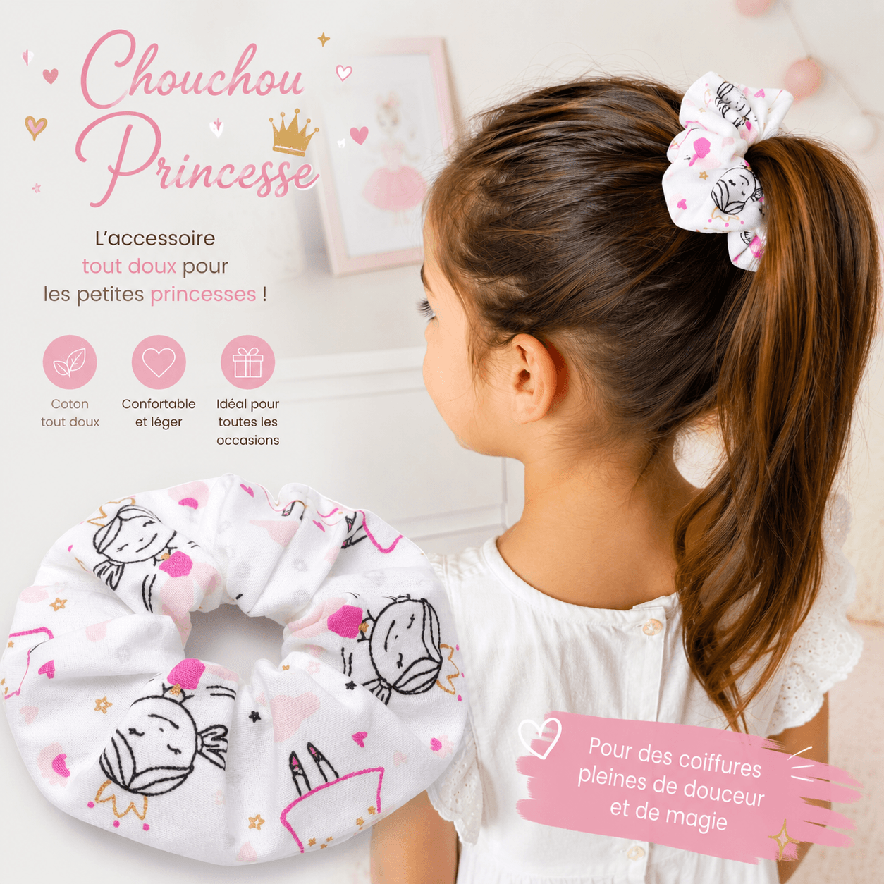 au-bonheur-de-petite-fleur-chouchou-enfant-princesse-coton-blanc-rose image 2