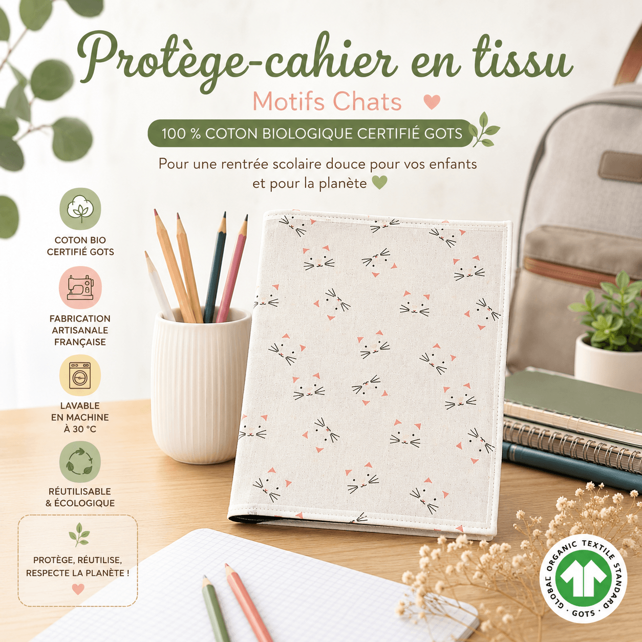 au-bonheur-de-petite-fleur-prot-ge-cahier-tissu-chats-17x22-coton-bio image 2