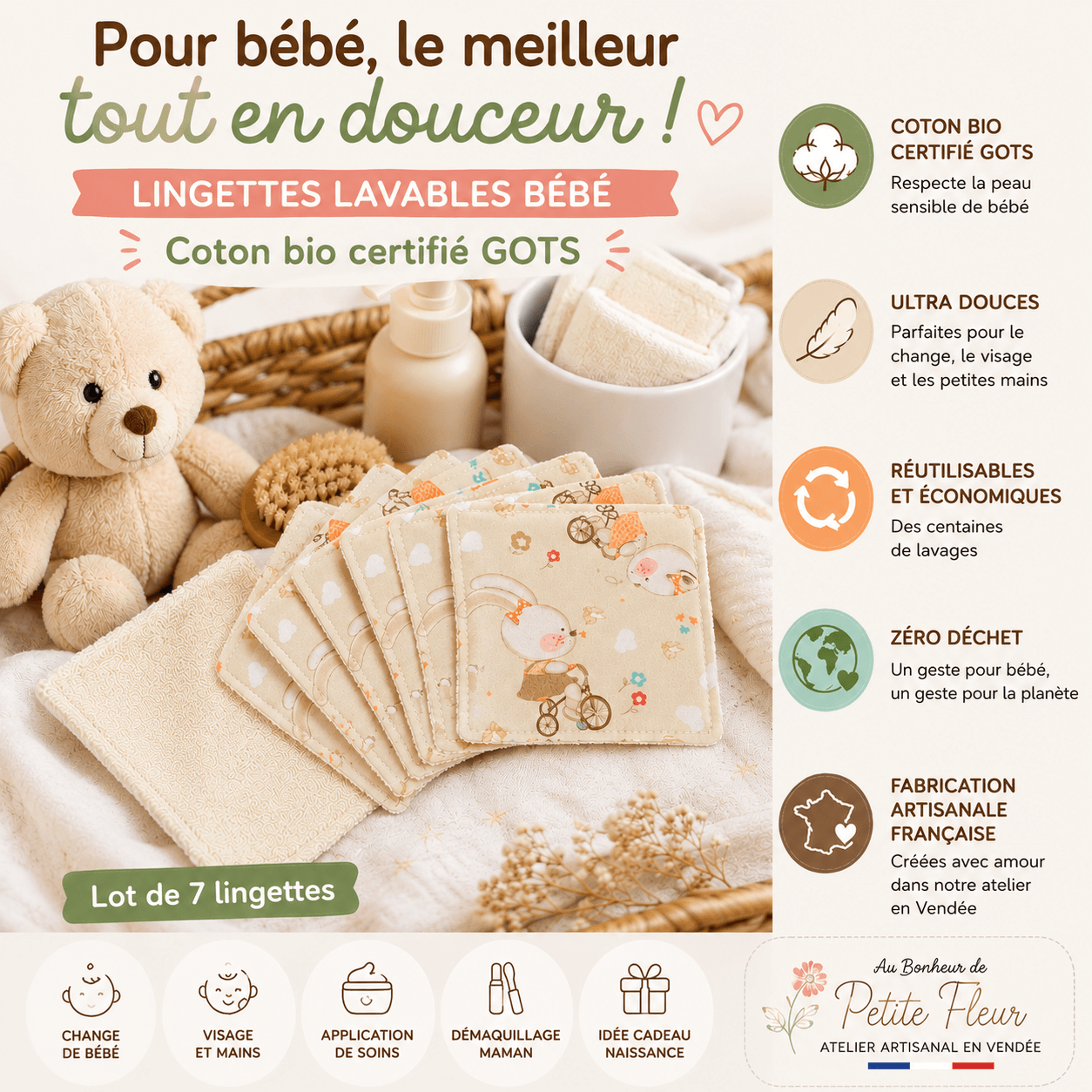 au-bonheur-de-petite-fleur-lingettes-lavables-b-b-coton-bio-oursons-x7 image 3