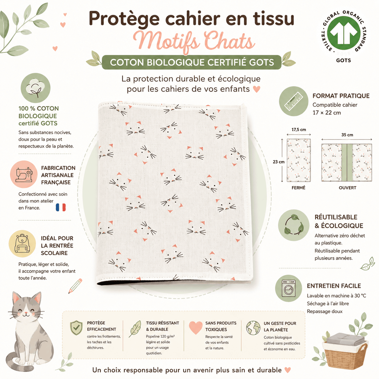 au-bonheur-de-petite-fleur-prot-ge-cahier-tissu-chats-17x22-coton-bio image 4