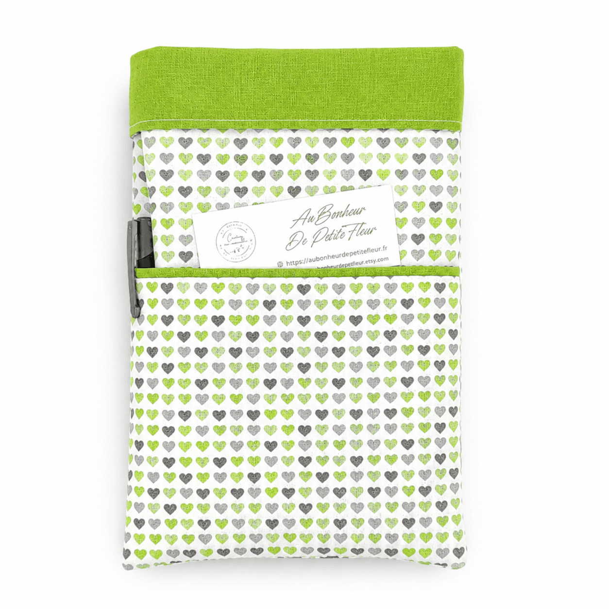 au-bonheur-de-petite-fleur-pochette-livre-poche-verte-c-urs-coton-bio image 1