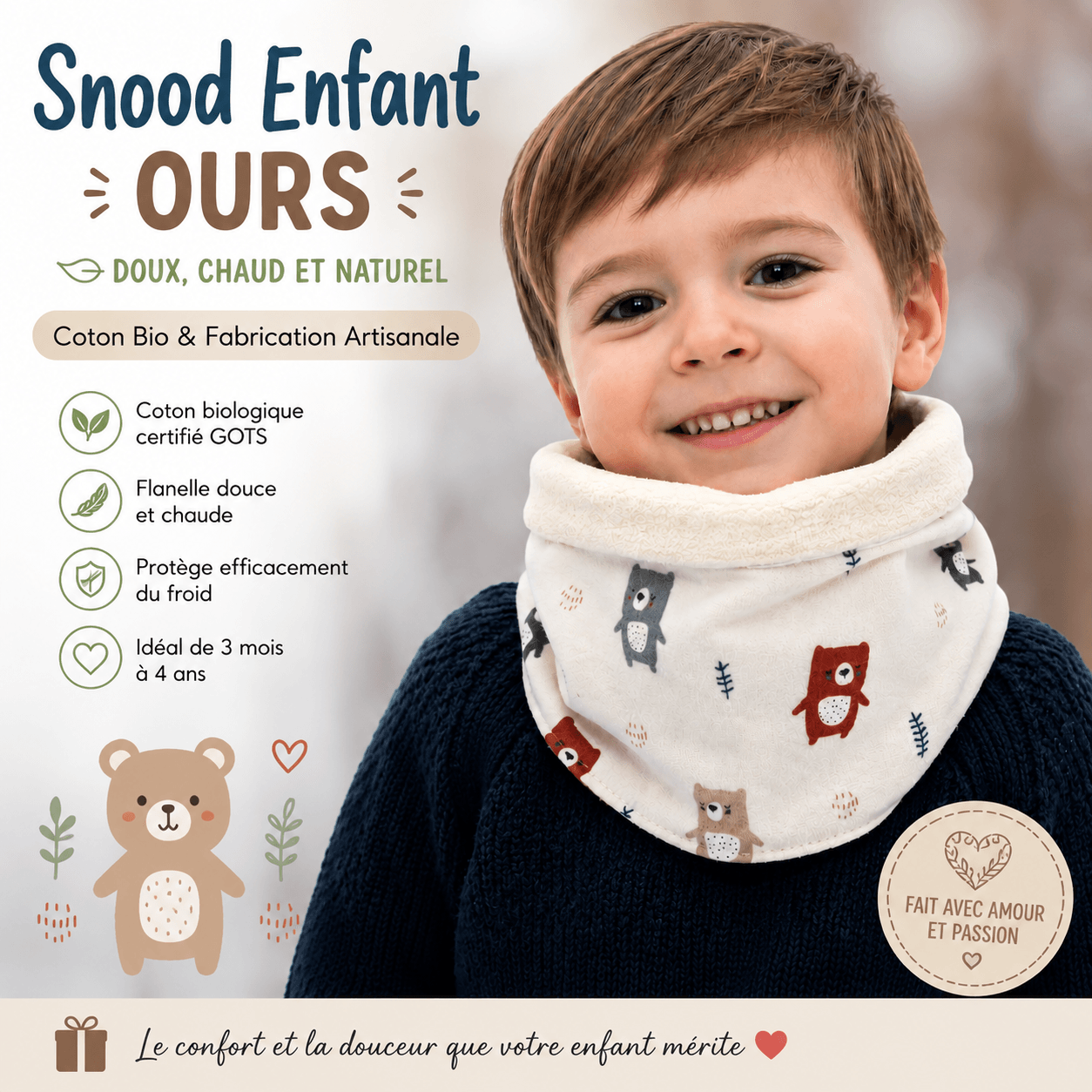 au-bonheur-de-petite-fleur-snood-enfant-ours-coton-bio-cru image 2