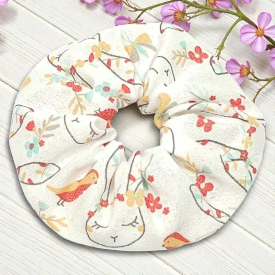 au-bonheur-de-petite-fleur-chouchou-enfant-coton-orange-lapins-fleurs image 1