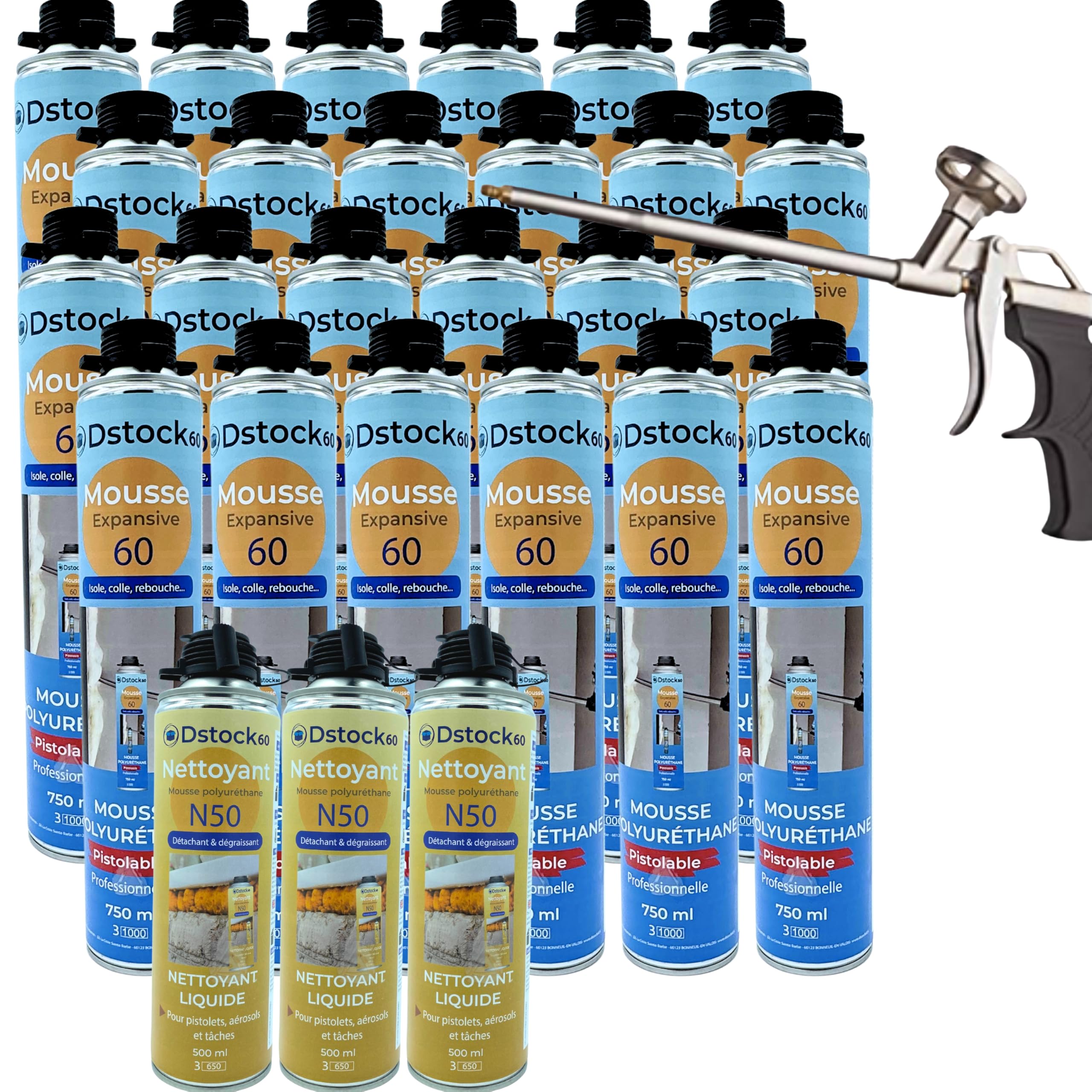 dstock60-kit-24-mousses-expansives-pistolables-750ml-pistolet-pro image 1