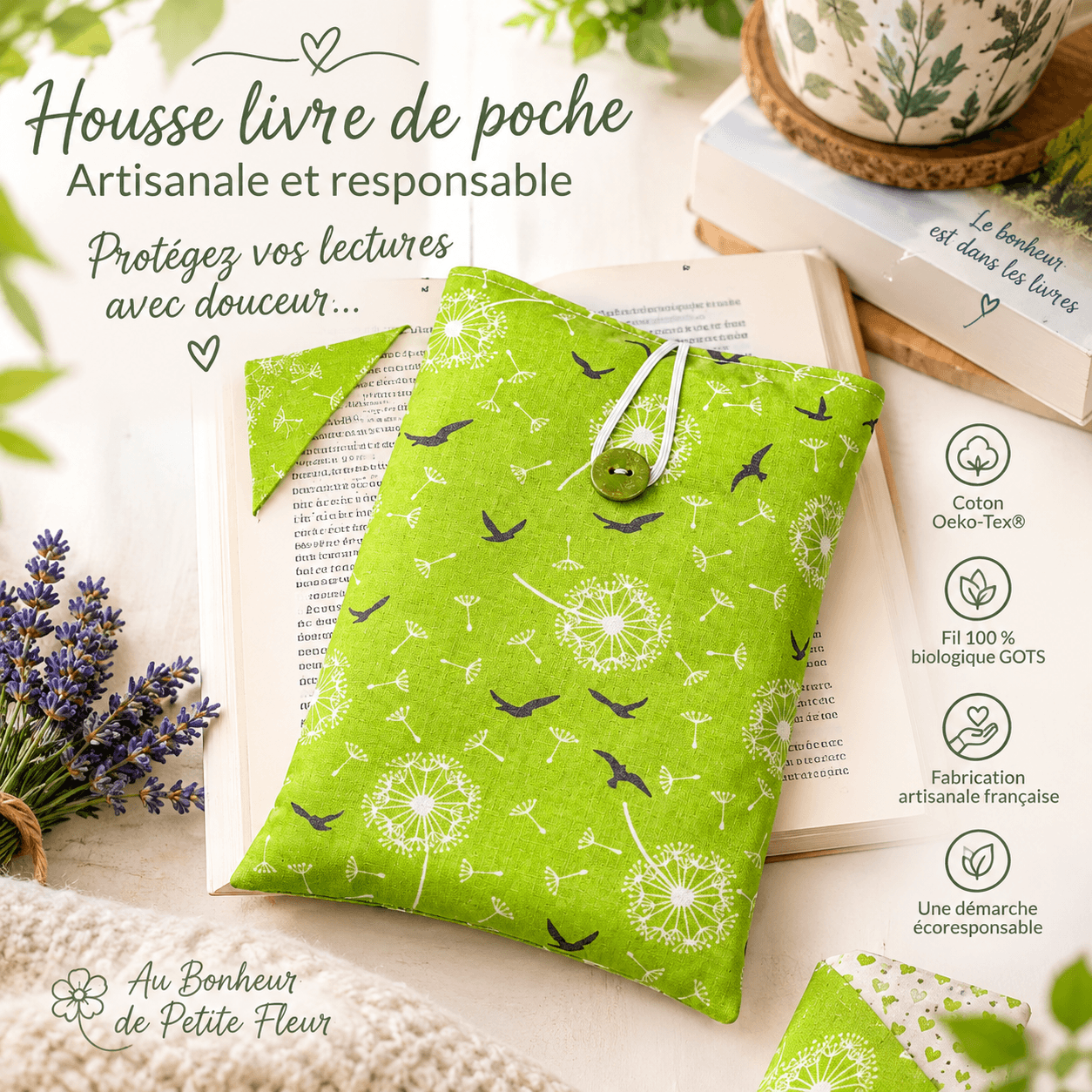 au-bonheur-de-petite-fleur-housse-livre-fleurs-oiseaux-coton-21x15 image 1