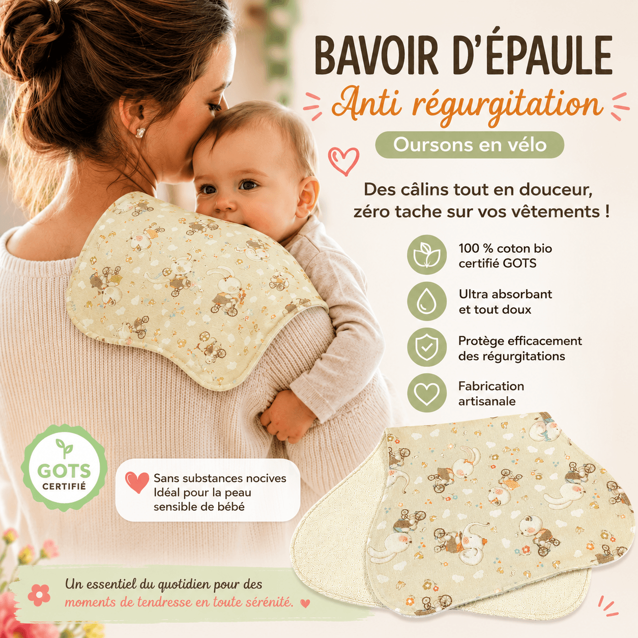 au-bonheur-de-petite-fleur-coin-des-b-b-s-bavoir-paule-oursons-v-lo-bio image 2