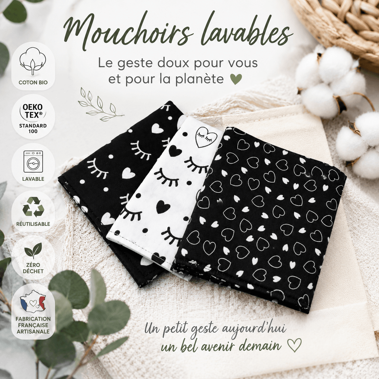au-bonheur-de-petite-fleur-mouchoirs-coton-bio-lavables-25x25-bicolore image 2