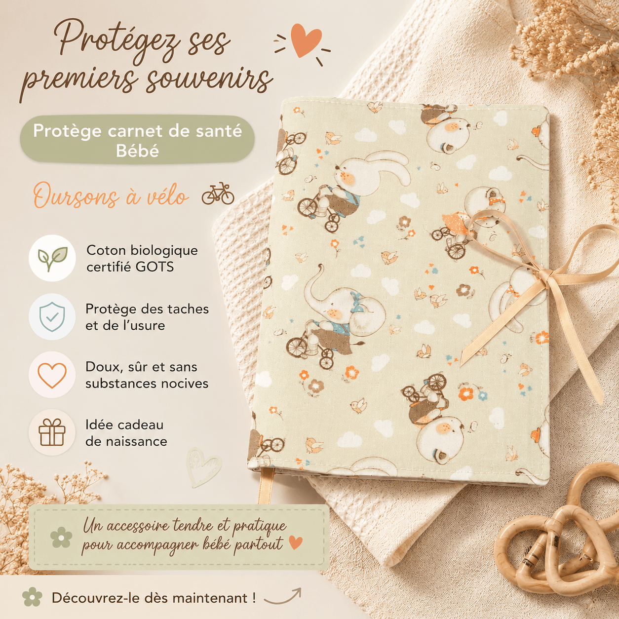 au-bonheur-de-petite-fleur-prot-ge-carnet-sant-oursons-v-lo-housse-coton-bio image 2