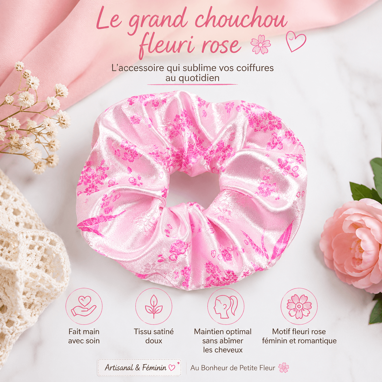 au-bonheur-de-petite-fleur-grand-chouchou-fleuri-rose-satin-14cm image 1