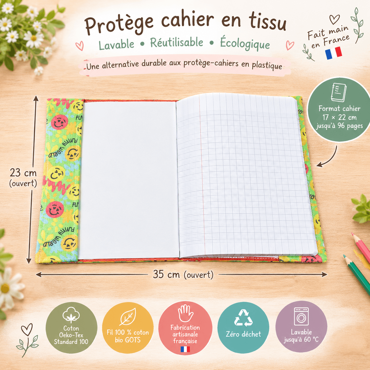 au-bonheur-de-petite-fleur-prot-ge-cahier-monde-dr-le-17x22-lavable-coton image 2