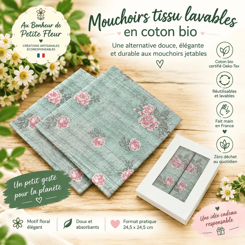 au-bonheur-de-petite-fleur-mouchoirs-tissu-lavables-verts-coton-bio image 1