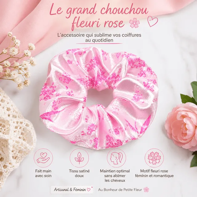 au-bonheur-de-petite-fleur-grand-chouchou-fleuri-rose-satin-14cm image 1
