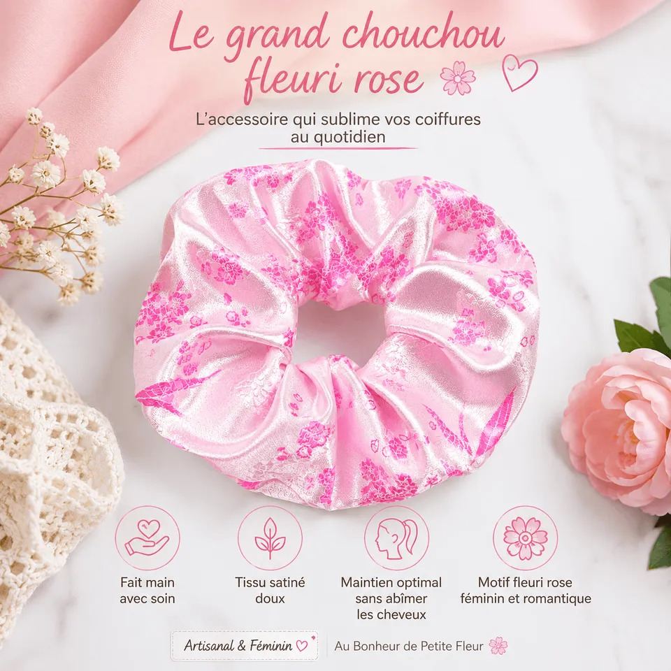 au-bonheur-de-petite-fleur-grand-chouchou-fleuri-rose-satin-14cm image 1